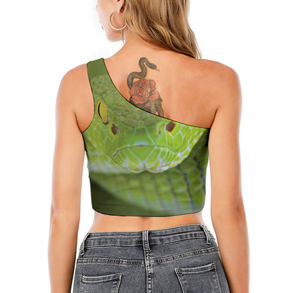 Green Pit Viper Print One Shoulder Crop Top