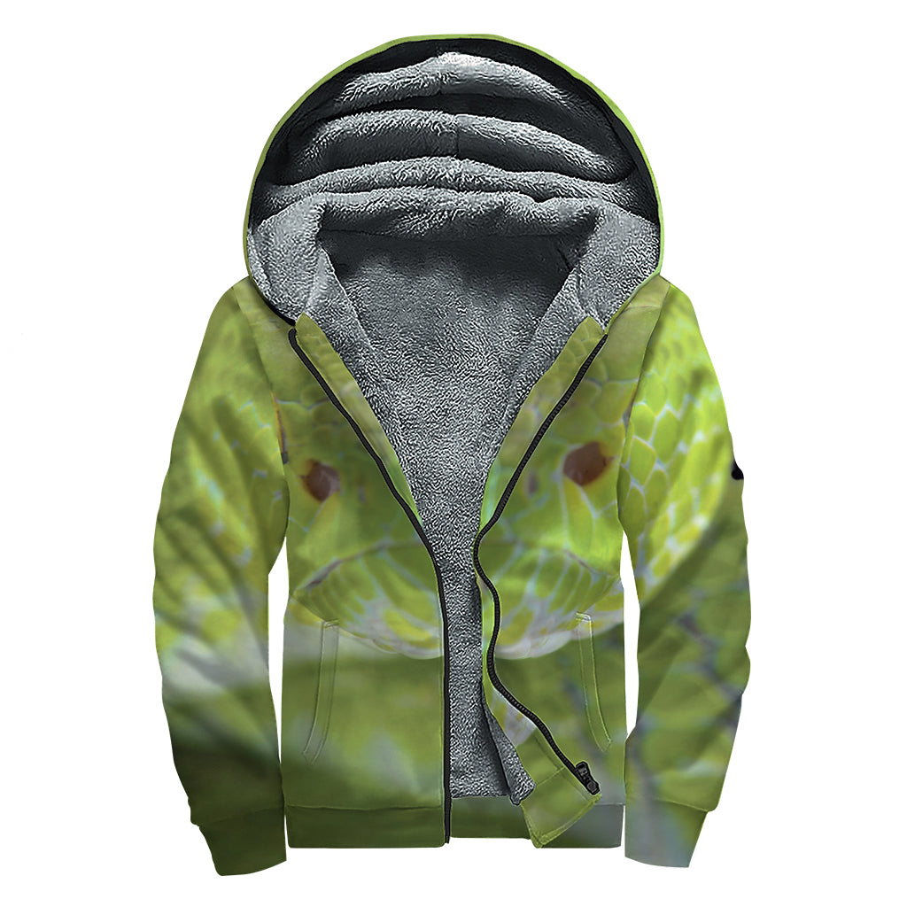 Green Pit Viper Print Sherpa Lined Zip Up Hoodie