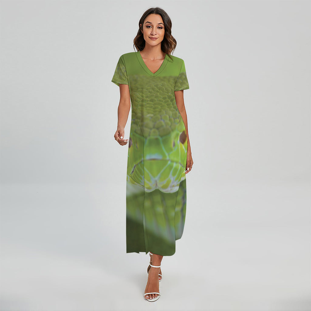 Green Pit Viper Print Short Sleeve Maxi Dress