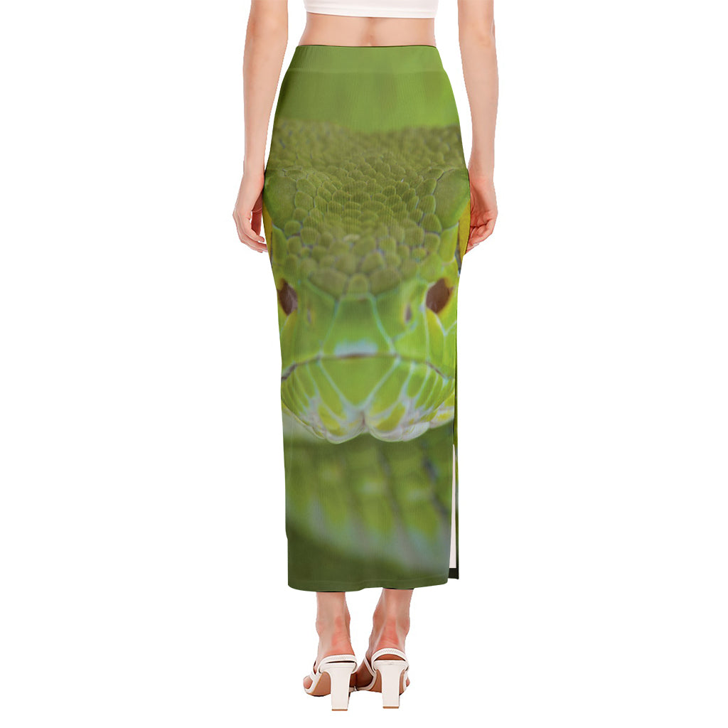 Green Pit Viper Print Side Slit Maxi Skirt