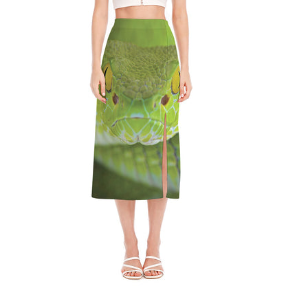 Green Pit Viper Print Side Slit Midi Skirt