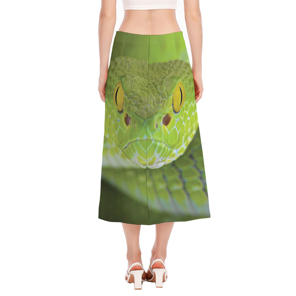 Green Pit Viper Print Side Slit Midi Skirt