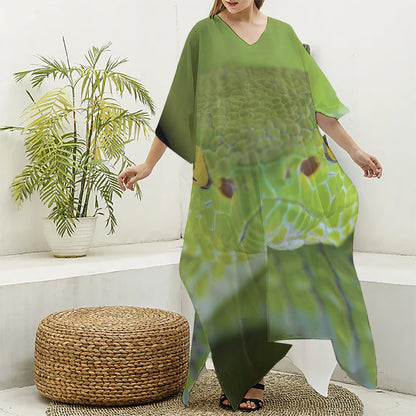 Green Pit Viper Print Silk V-Neck Kaftan Dress