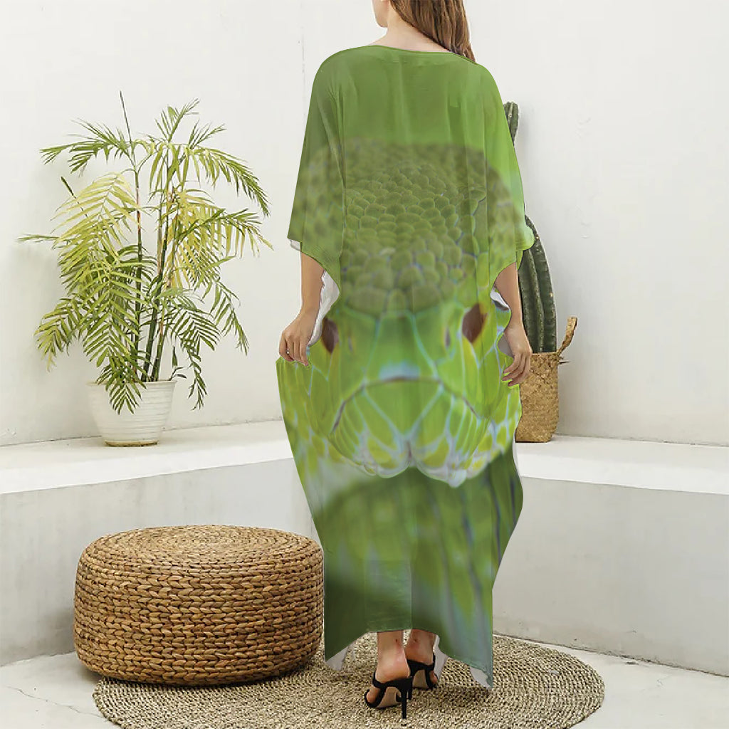 Green Pit Viper Print Silk V-Neck Kaftan Dress