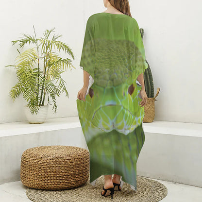 Green Pit Viper Print Silk V-Neck Kaftan Dress