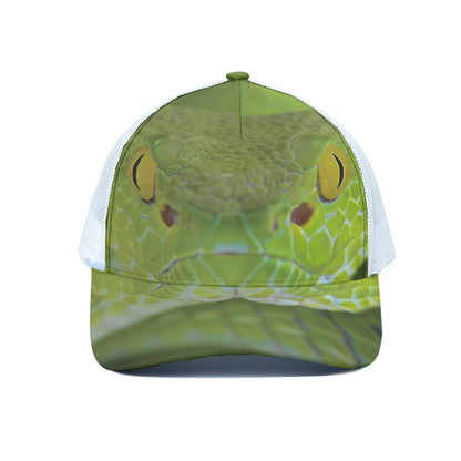 Green Pit Viper Print White Mesh Trucker Cap