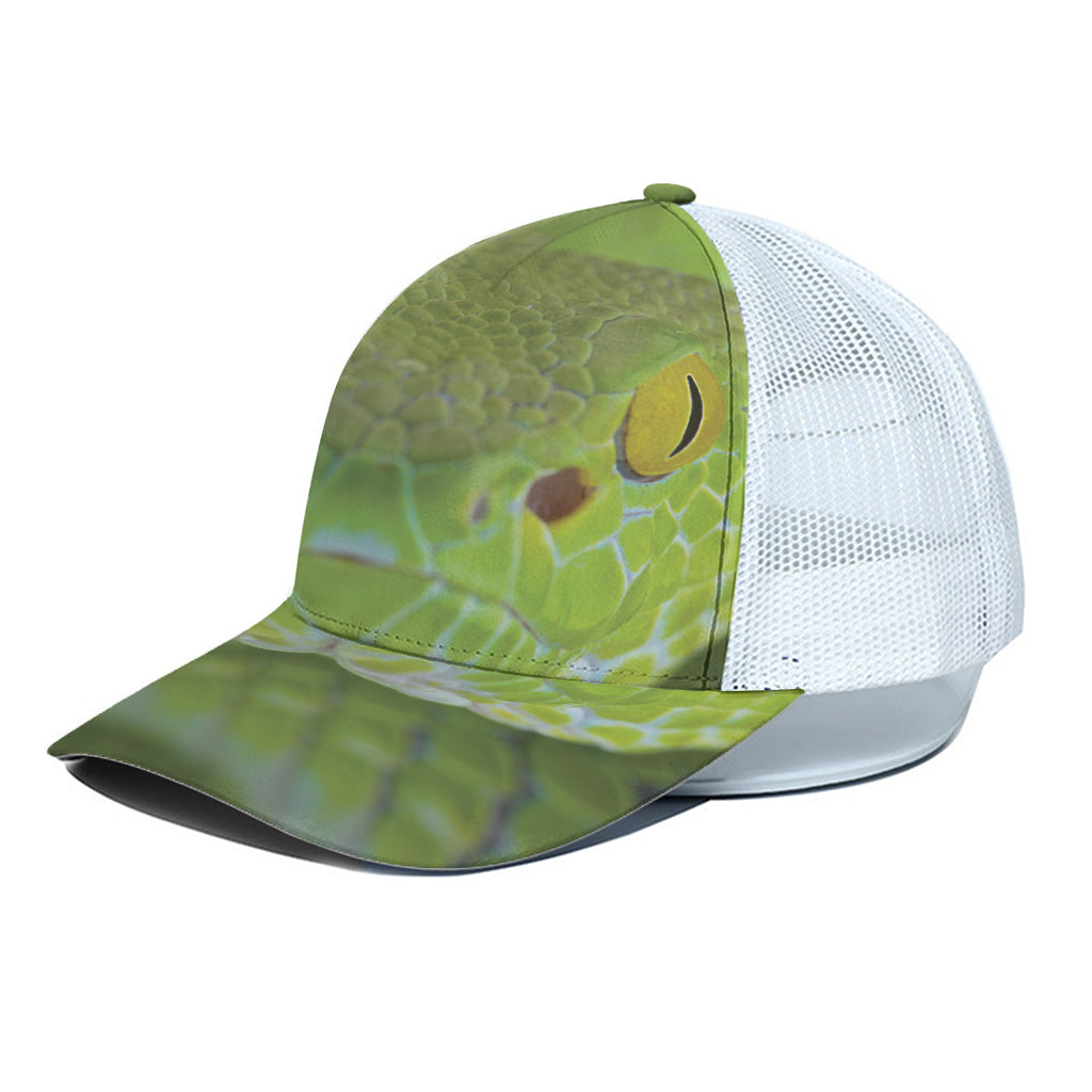 Green Pit Viper Print White Mesh Trucker Cap