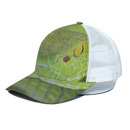 Green Pit Viper Print White Mesh Trucker Cap
