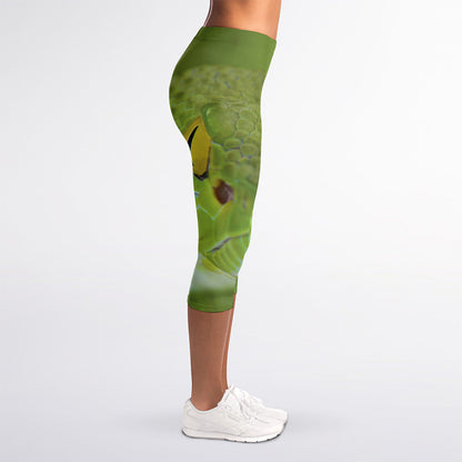 Green Pit Viper Print Women's Capri Leggings