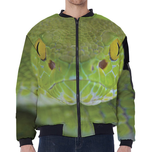 Green Pit Viper Print Zip Sleeve Bomber Jacket