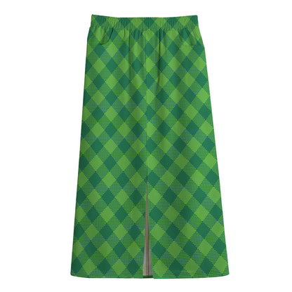 Green Plaid Saint Patrick's Day Print Cotton Front Slit Maxi Skirt