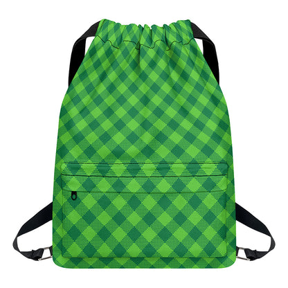 Green Plaid Saint Patrick's Day Print Drawstring Backpack