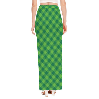 Green Plaid Saint Patrick's Day Print High Slit Maxi Skirt