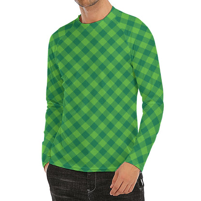Green Plaid Saint Patrick's Day Print Men's Long Sleeve Rash Guard