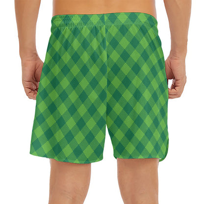 Green Plaid Saint Patrick's Day Print Men's Split Running Shorts