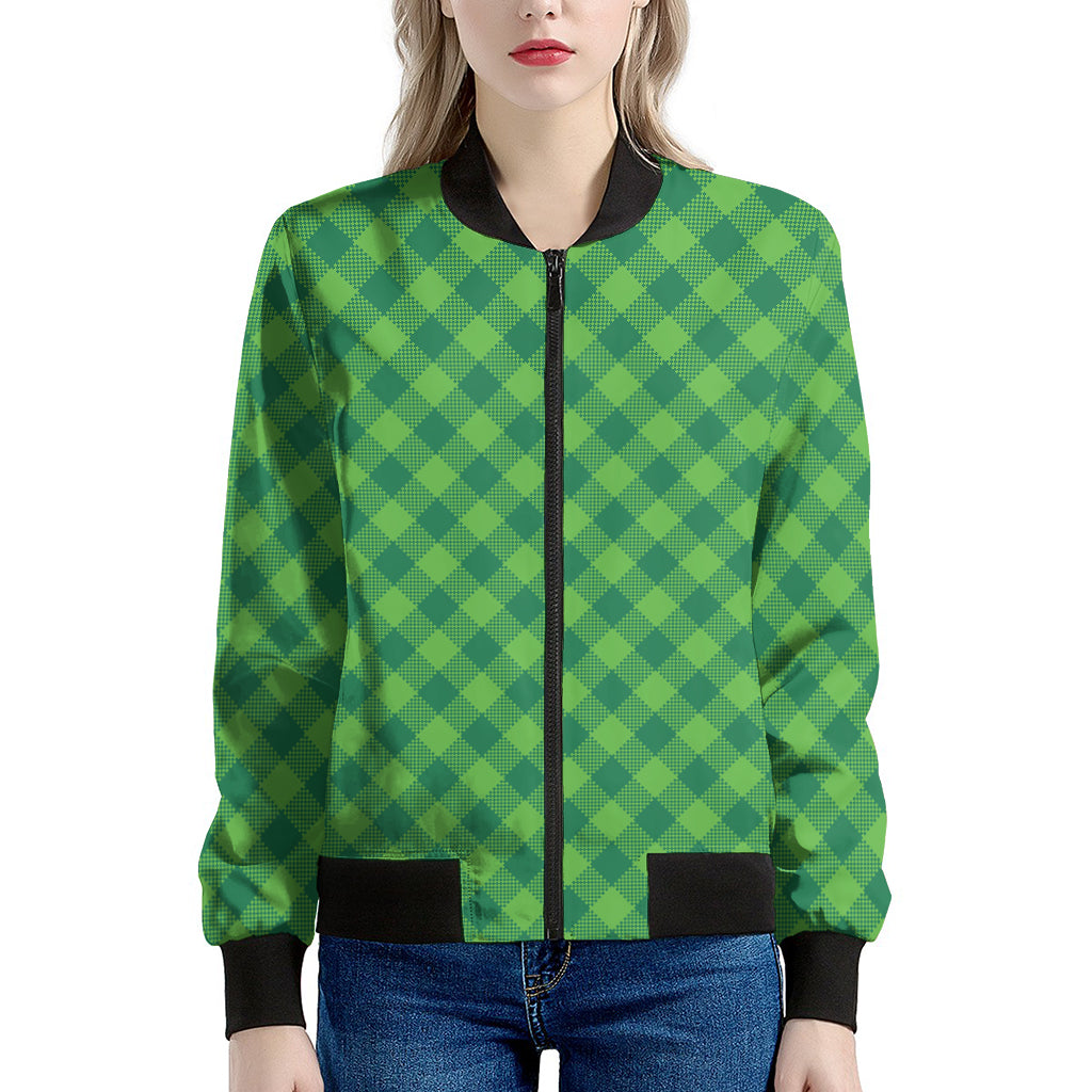 Green Plaid Saint Patrick's Day Print Women's Bomber Jacket
