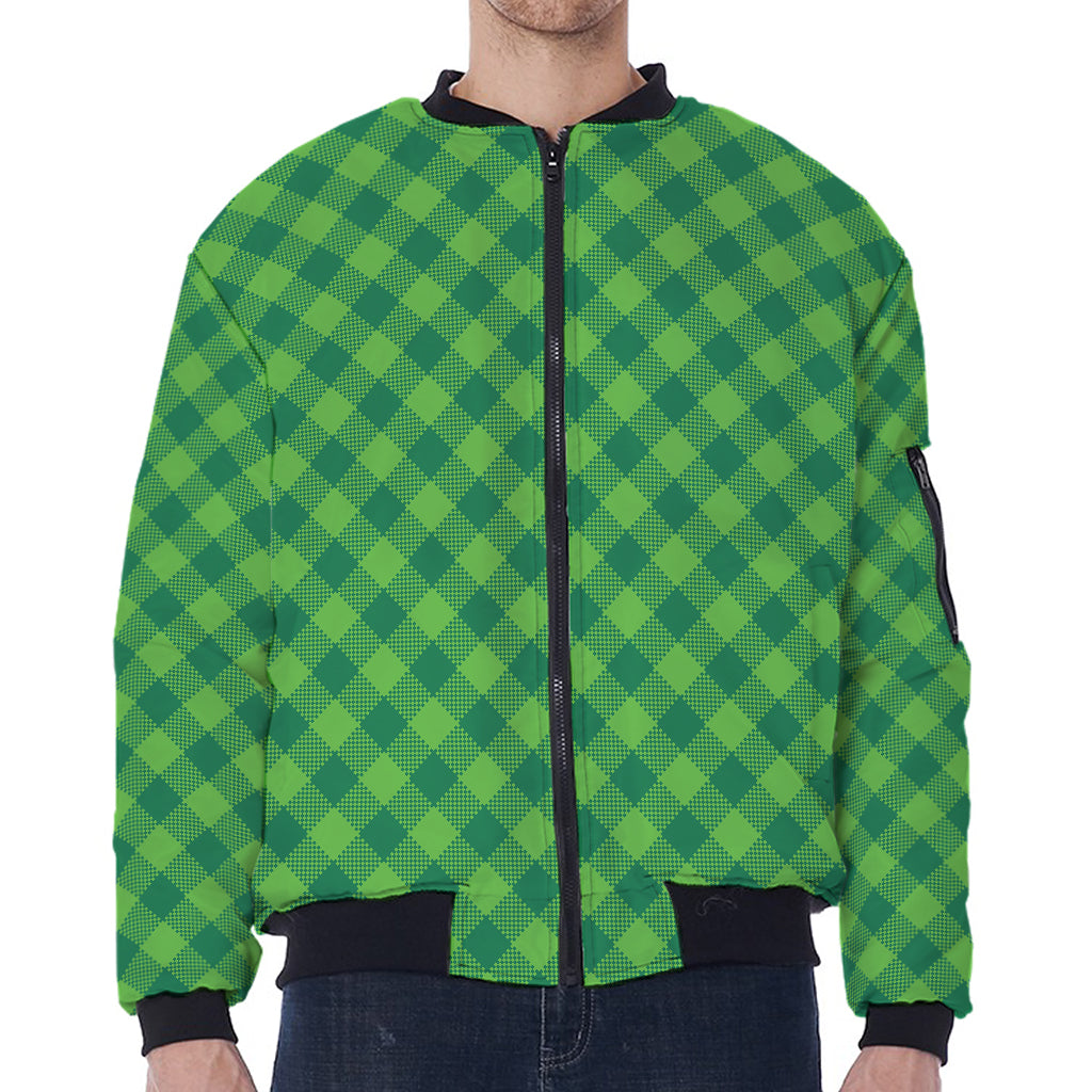 Green Plaid Saint Patrick's Day Print Zip Sleeve Bomber Jacket