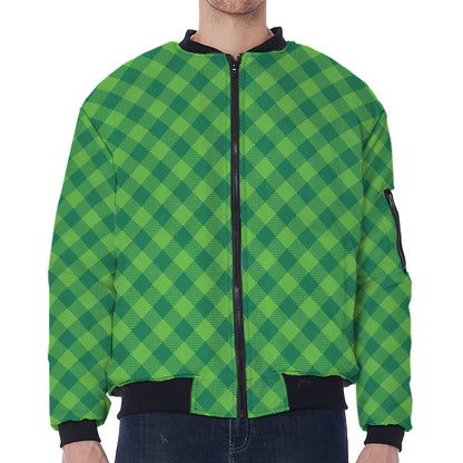 Green Plaid Saint Patrick's Day Print Zip Sleeve Bomber Jacket