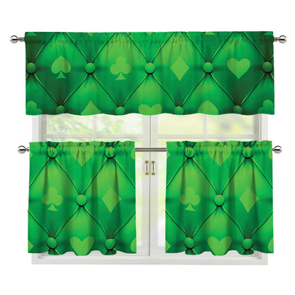 Green Playing Card Suits Pattern Print 3 Piece Kitchen Curtains