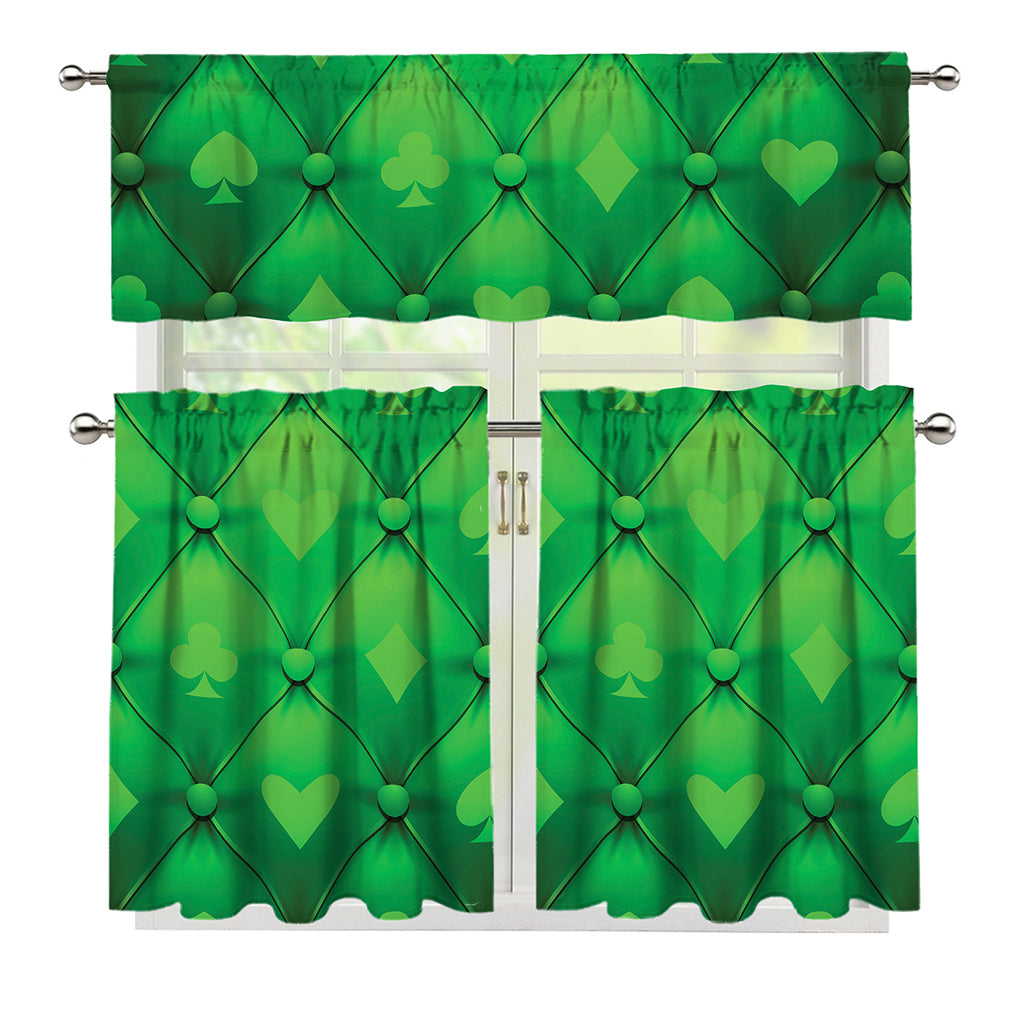 Green Playing Card Suits Pattern Print 3 Piece Kitchen Curtains