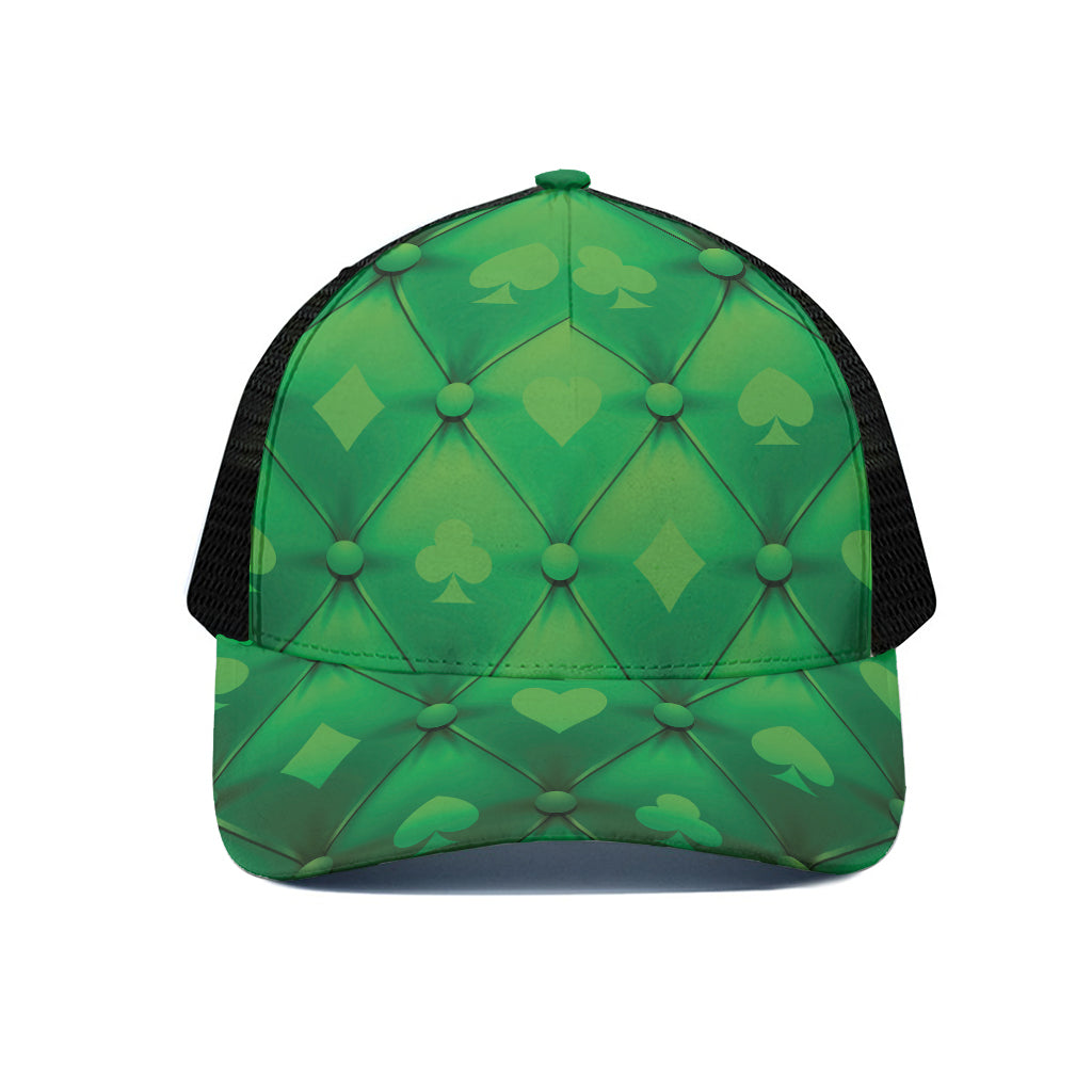 Green Playing Card Suits Pattern Print Black Mesh Trucker Cap