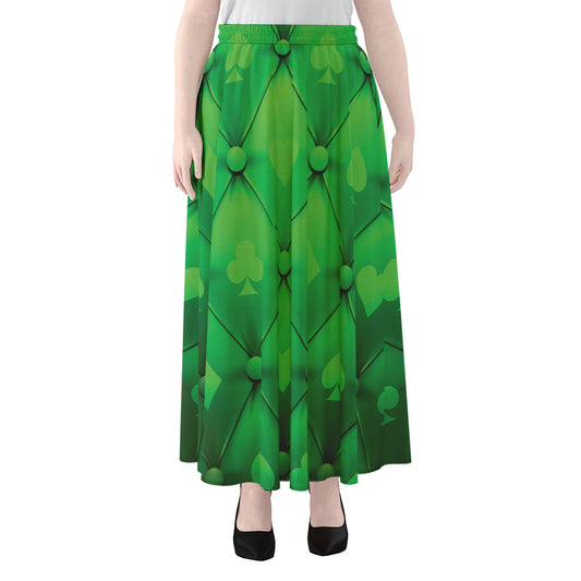 Green Playing Card Suits Pattern Print Chiffon Maxi Skirt