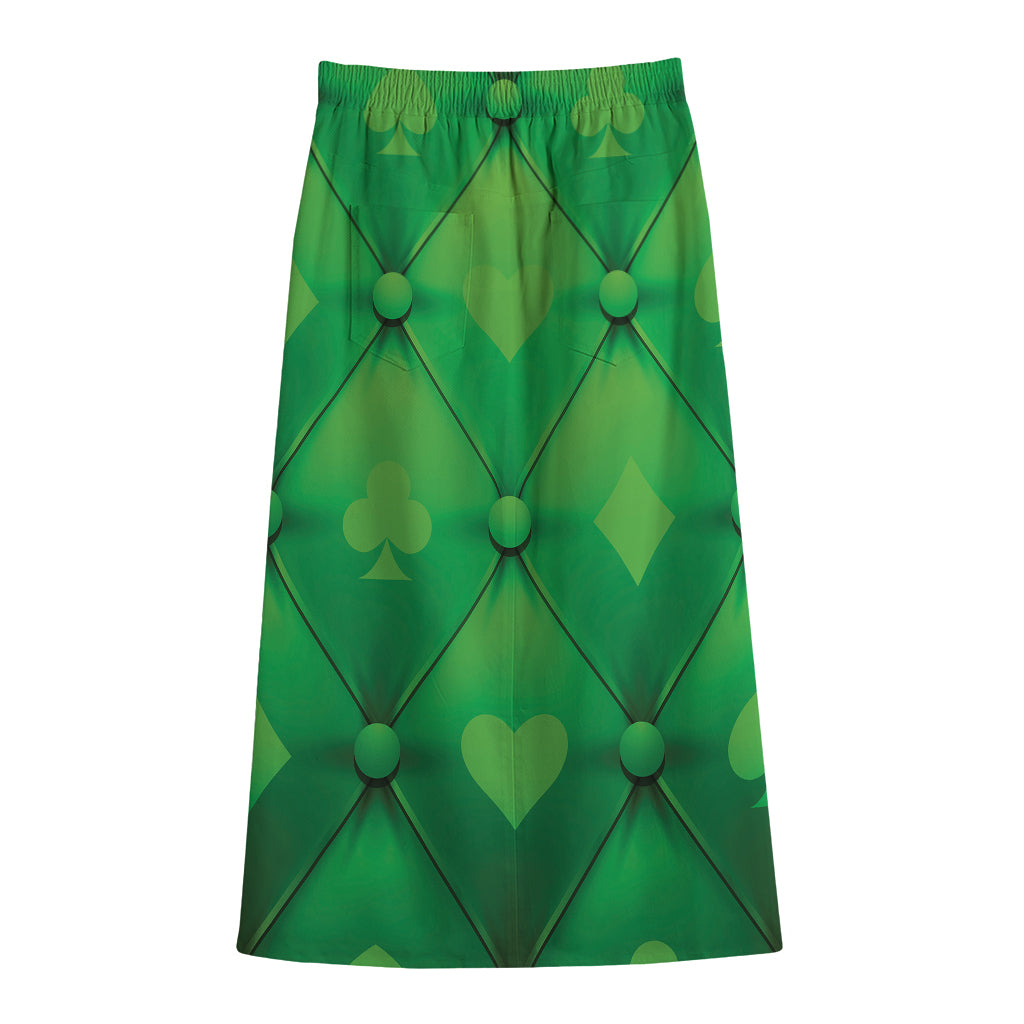 Green Playing Card Suits Pattern Print Cotton Front Slit Maxi Skirt