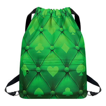 Green Playing Card Suits Pattern Print Drawstring Backpack