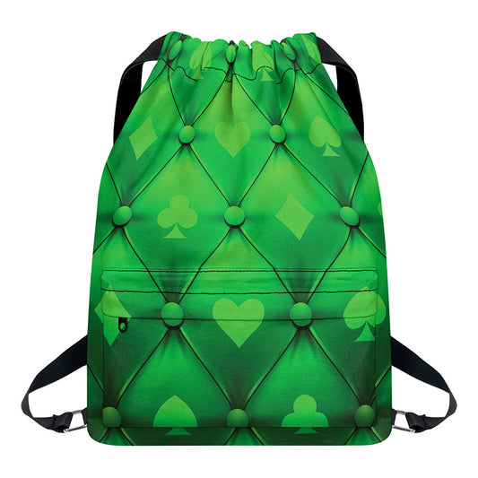 Green Playing Card Suits Pattern Print Drawstring Backpack