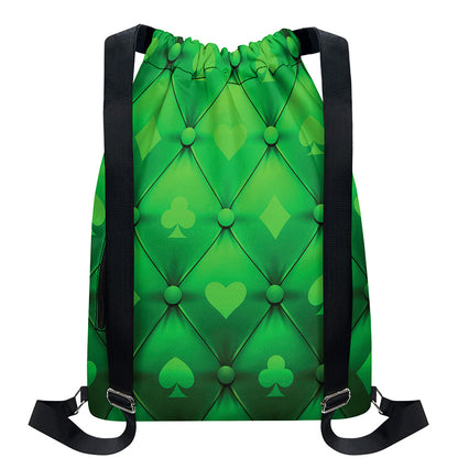 Green Playing Card Suits Pattern Print Drawstring Backpack