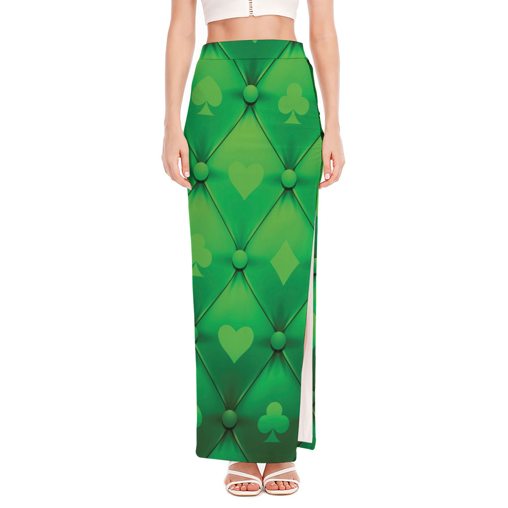 Green Playing Card Suits Pattern Print High Slit Maxi Skirt