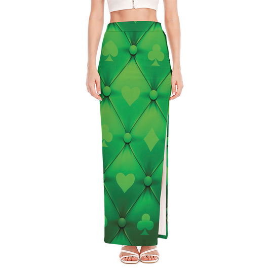 Green Playing Card Suits Pattern Print High Slit Maxi Skirt
