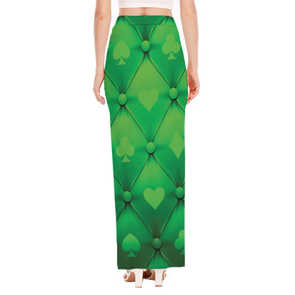 Green Playing Card Suits Pattern Print High Slit Maxi Skirt