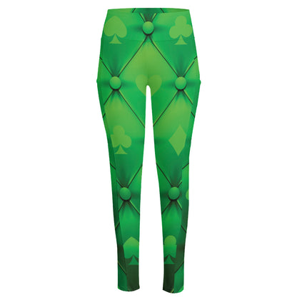 Green Playing Card Suits Pattern Print High-Waisted Pocket Leggings
