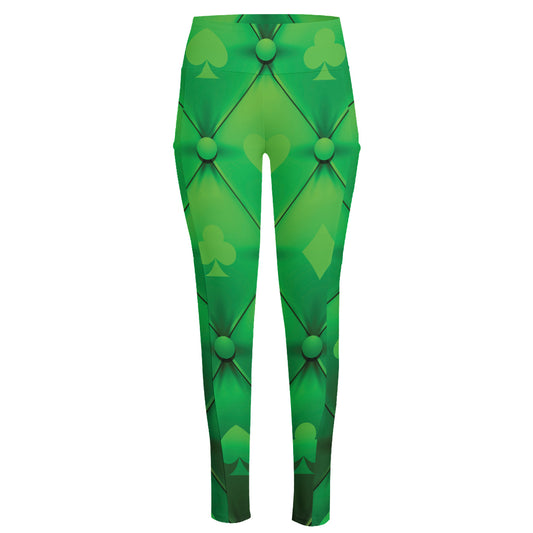 Green Playing Card Suits Pattern Print High-Waisted Pocket Leggings