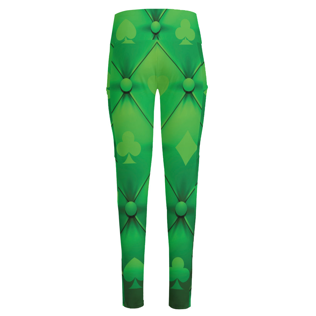 Green Playing Card Suits Pattern Print High-Waisted Pocket Leggings