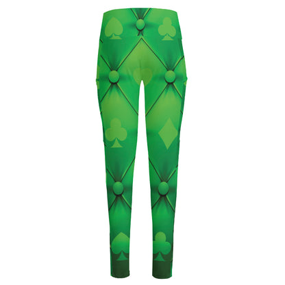 Green Playing Card Suits Pattern Print High-Waisted Pocket Leggings