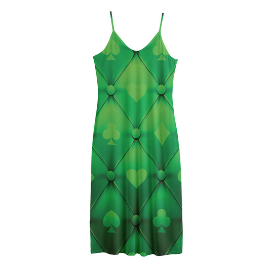 Green Playing Card Suits Pattern Print Jersey Midi Cami Dress
