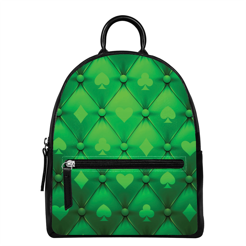 Green Playing Card Suits Pattern Print Leather Backpack