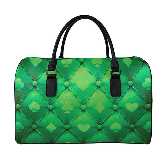 Green Playing Card Suits Pattern Print Leather Duffle Bag