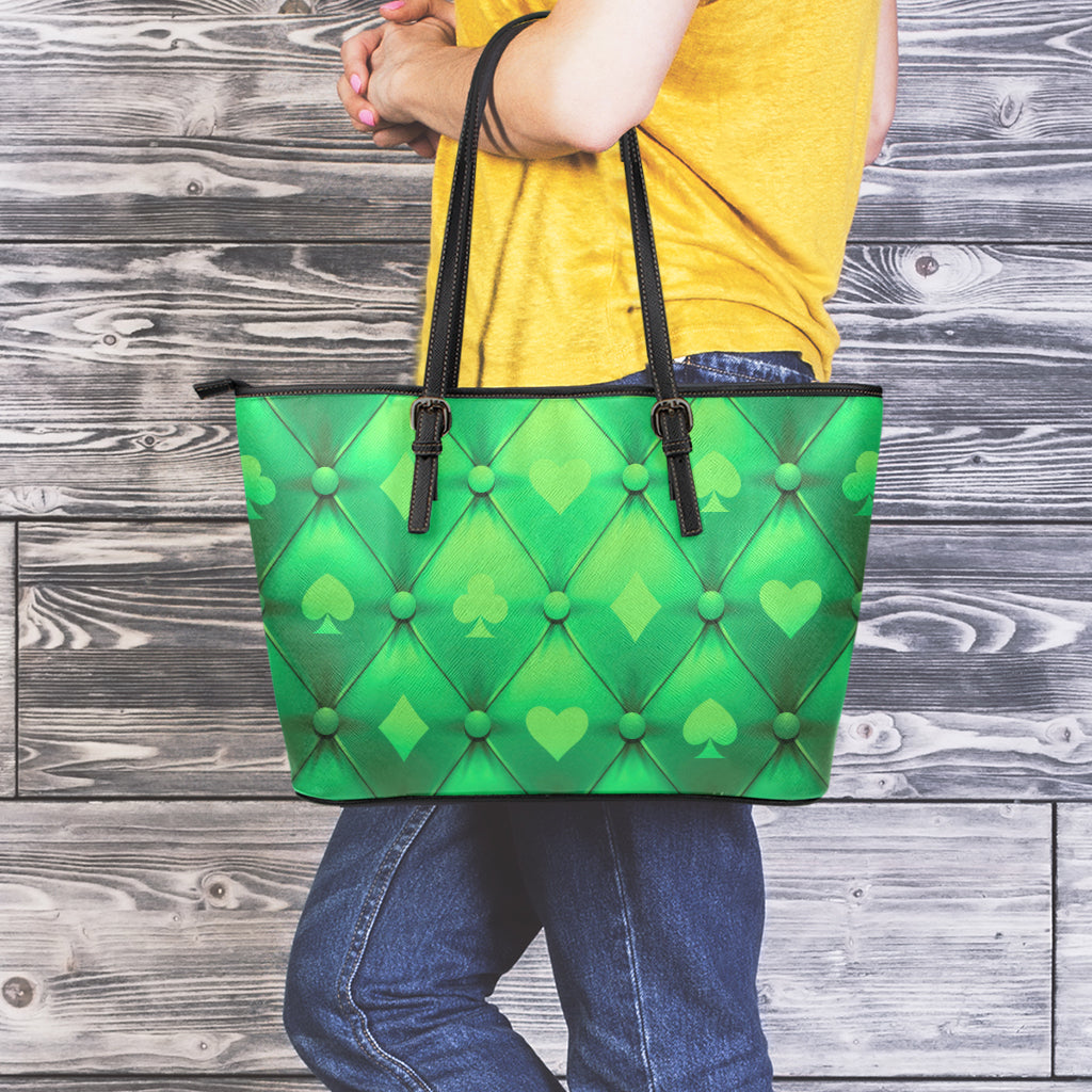 Green Playing Card Suits Pattern Print Leather Tote Bag