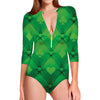 Green Playing Card Suits Pattern Print Long Sleeve Swimsuit