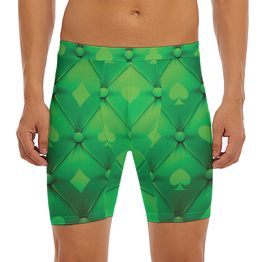 Green Playing Card Suits Pattern Print Men's Long Boxer Briefs