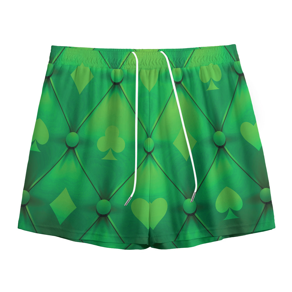 Green Playing Card Suits Pattern Print Mesh Shorts