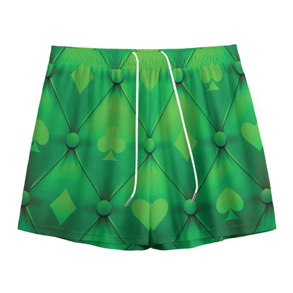 Green Playing Card Suits Pattern Print Mesh Shorts