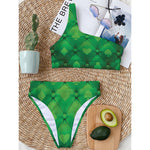 Green Playing Card Suits Pattern Print One Shoulder Bikini Top