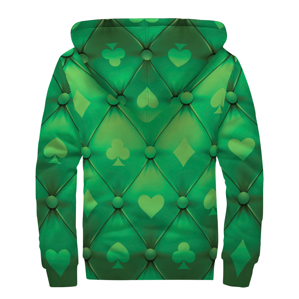Green Playing Card Suits Pattern Print Sherpa Lined Zip Up Hoodie
