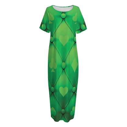Green Playing Card Suits Pattern Print Short Sleeve Long Nightdress