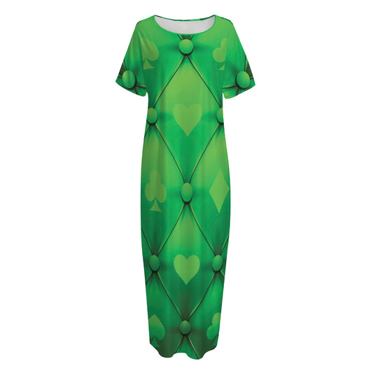 Green Playing Card Suits Pattern Print Short Sleeve Long Nightdress