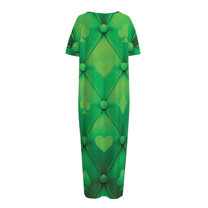 Green Playing Card Suits Pattern Print Short Sleeve Long Nightdress
